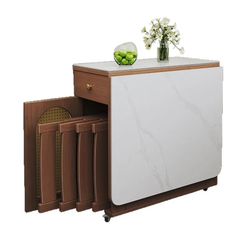 Small household slate solid wood dining table folding dining table and chair combination