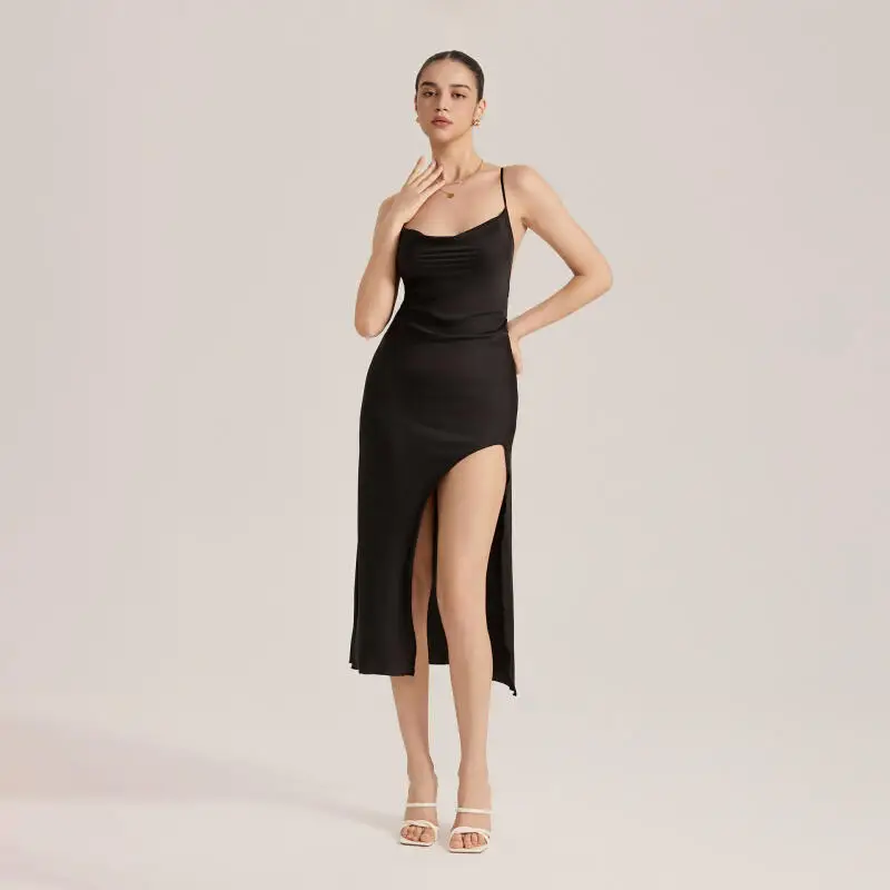 Sexy High Slit Nightgown Chemise Women Satin Chiffon Slim Spaghetti Strap Nightdress Black Casual Home Wear Sleepwear Long Dress