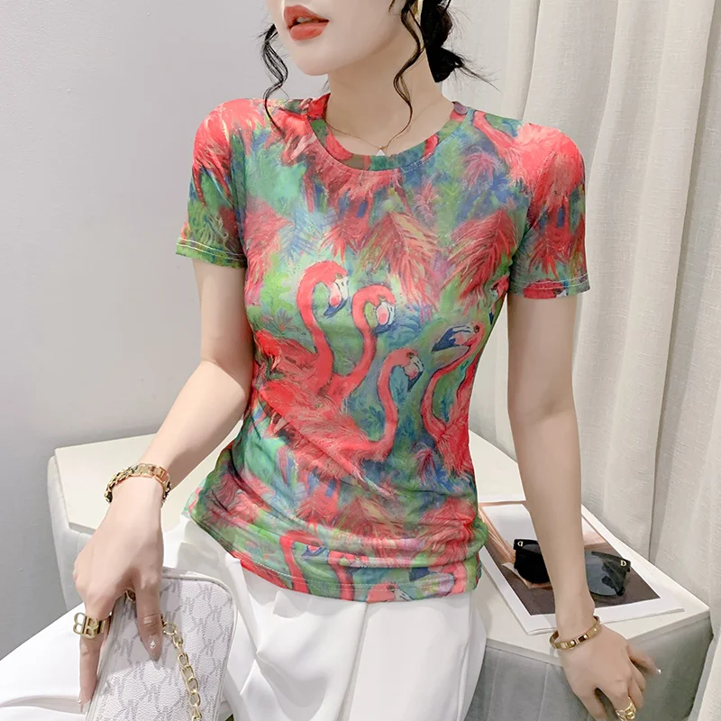 

#5772 Summer Mesh T Shirt Women 3d Printed Short Tshirt Femme Short Sleeve Tight Thin Elastic Vintage Streetwear T Shirt Slim