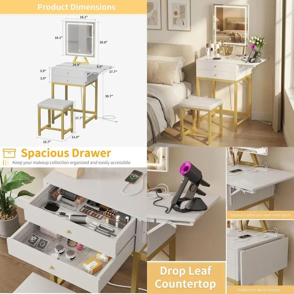 

Белый туалетный столик для макияжа с зеркалом с подсветкой, стулом, ящиками и розеткой для компактных помещений - золото