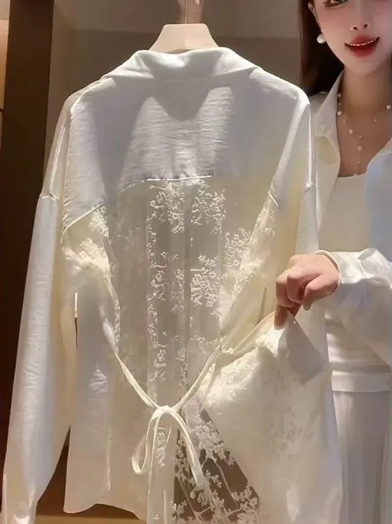 

Elegant Lace Hollow out Long Sleeve Collar Shirt Women's Premium Style Spring Autumn New Collection Fashionable Top