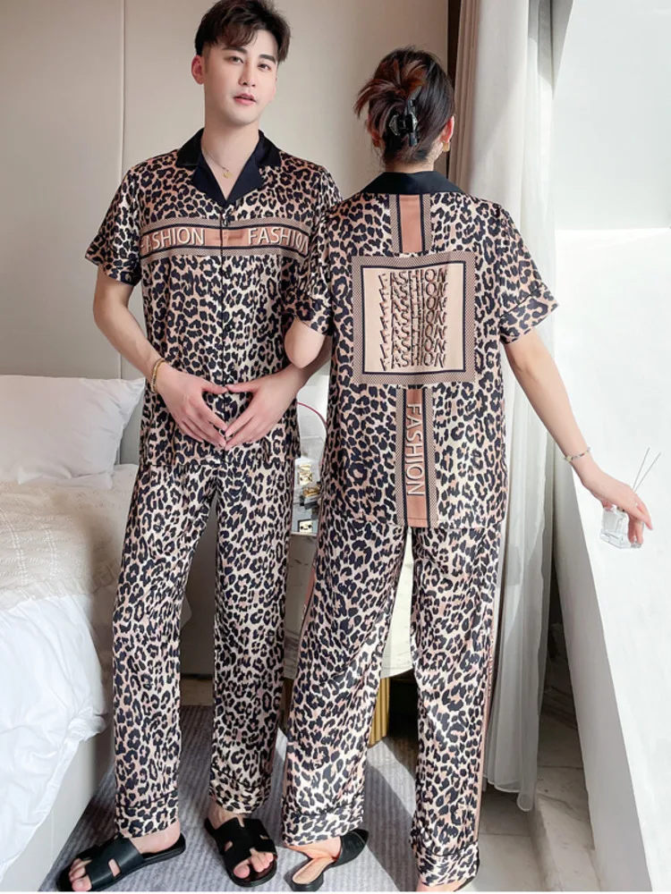 

2024 Summer New Couple Pajamas Fashion Leopard Pattern Short Sleeved Long Pants Can Be Outworn For Home Clothing