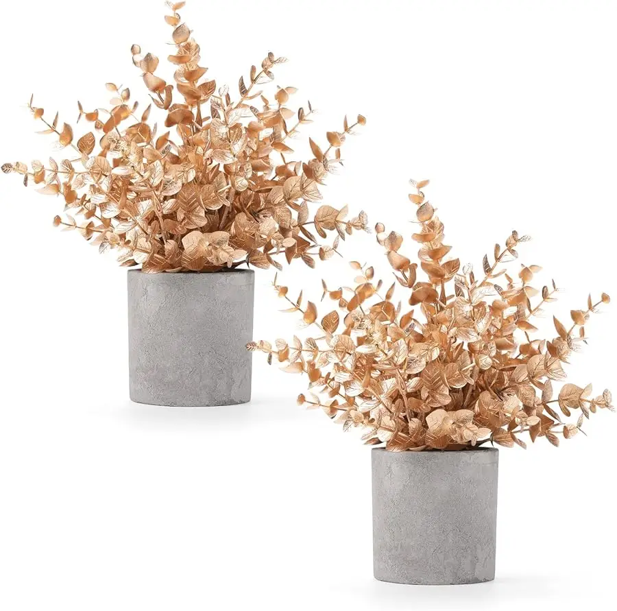 

2 Pack Gold Eucalyptus Small Fake Plants Potted Artificial Plants for Christmas Decorations Shelf Desk Home Farmhouse Room Coffe