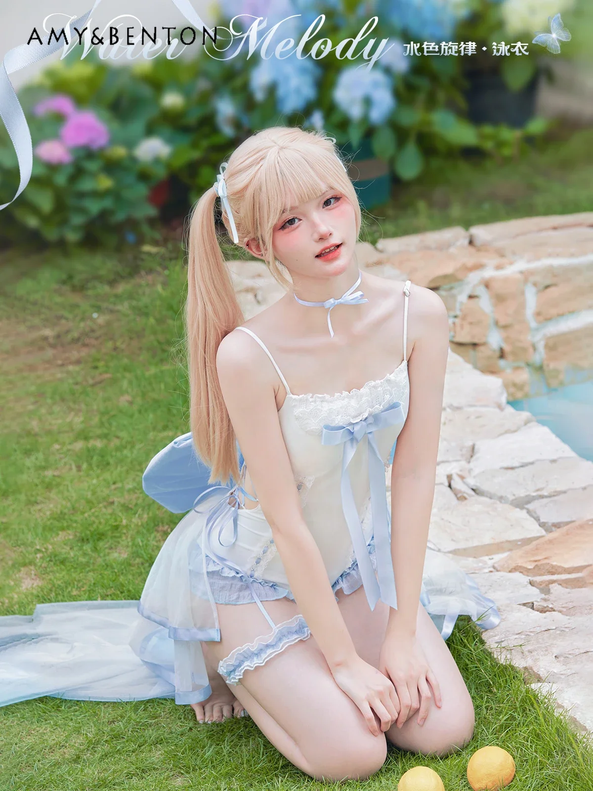 Sweet Backless Hollow Out Strap Slim Lace Bow One Piece Swimsuit Women Japanese Style Cute Splicing Color Sexy Hot Girl Swimwear