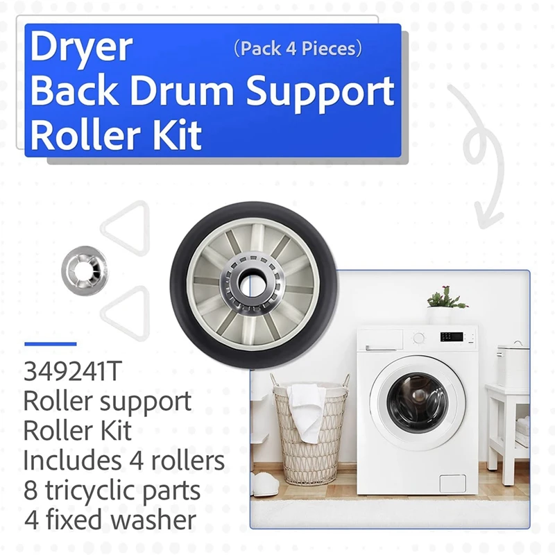 4 Set 349241T Dryer Drum Roller Kit Replacement for , , 3397590 AP3098345 349241-AD23