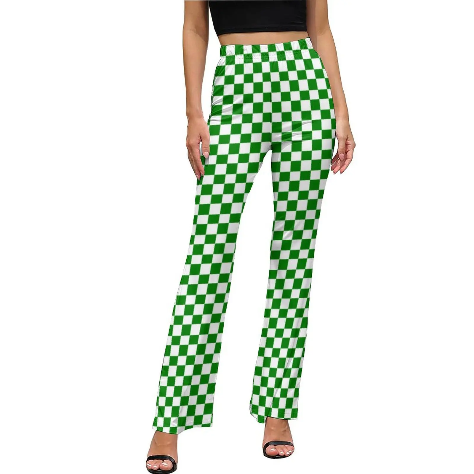 

Plaid Print Pants Green And White Checkered High Waist Elegant Flared Trousers Summer Design Harajuku Pants Birthday Gift