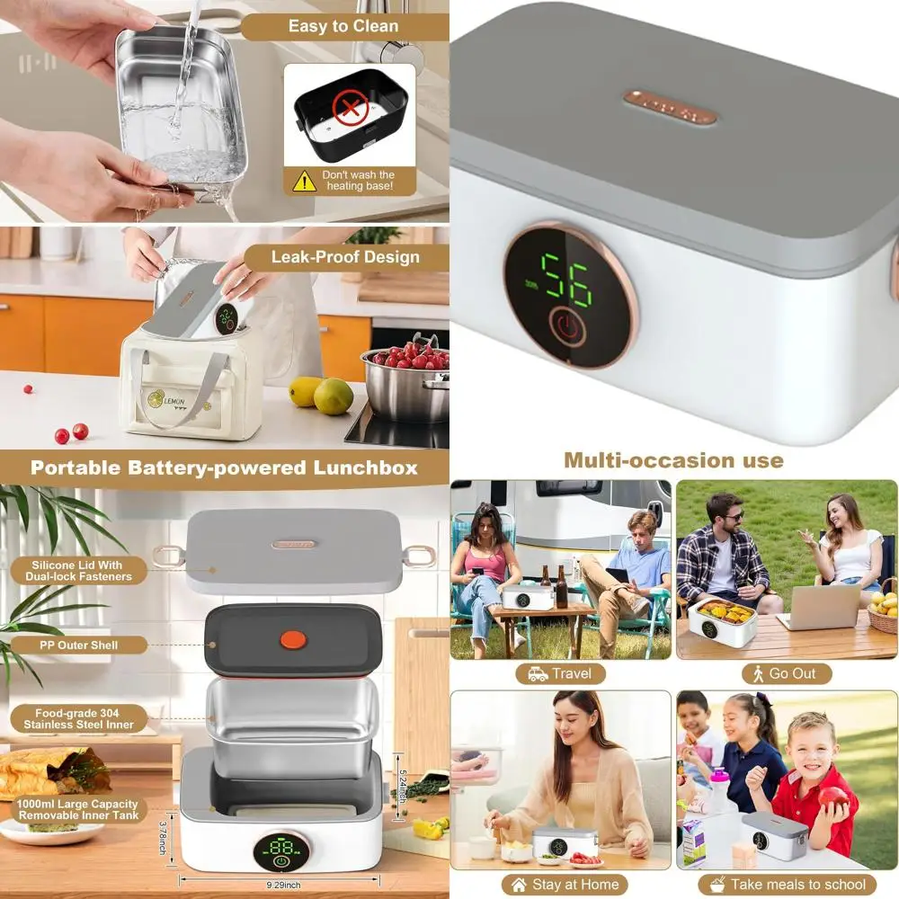 

Портативный электрический ланч-бокс объемом 1 л для взрослых — самонагревающийся, на батарейках, идеально подходит для офиса, автомобиля, путешествий и кемпинга