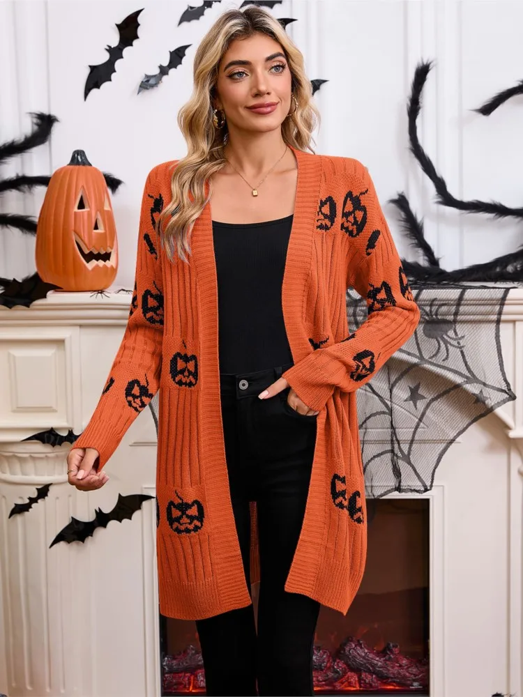 Women Halloween Pumpkin Jacquard Knit Cardigan Fashion Long Sleeve Open Front Sweater Coat Casual Loose Autumn Winter Outerwear