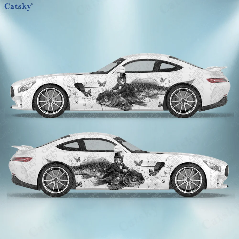 CATSKY.2pcs.Gentleman Kitten Riding a Koi Fish Car Side Decals | Self-Adhesive PVC Waterproof & Scratch-Resistant Stickers, Fash