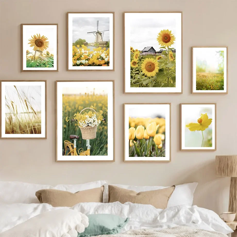 

Spring Sunflower Tulip Windmill Nature Wall Art Canvas - Nordic Style Living Room Home Decor Poster Print