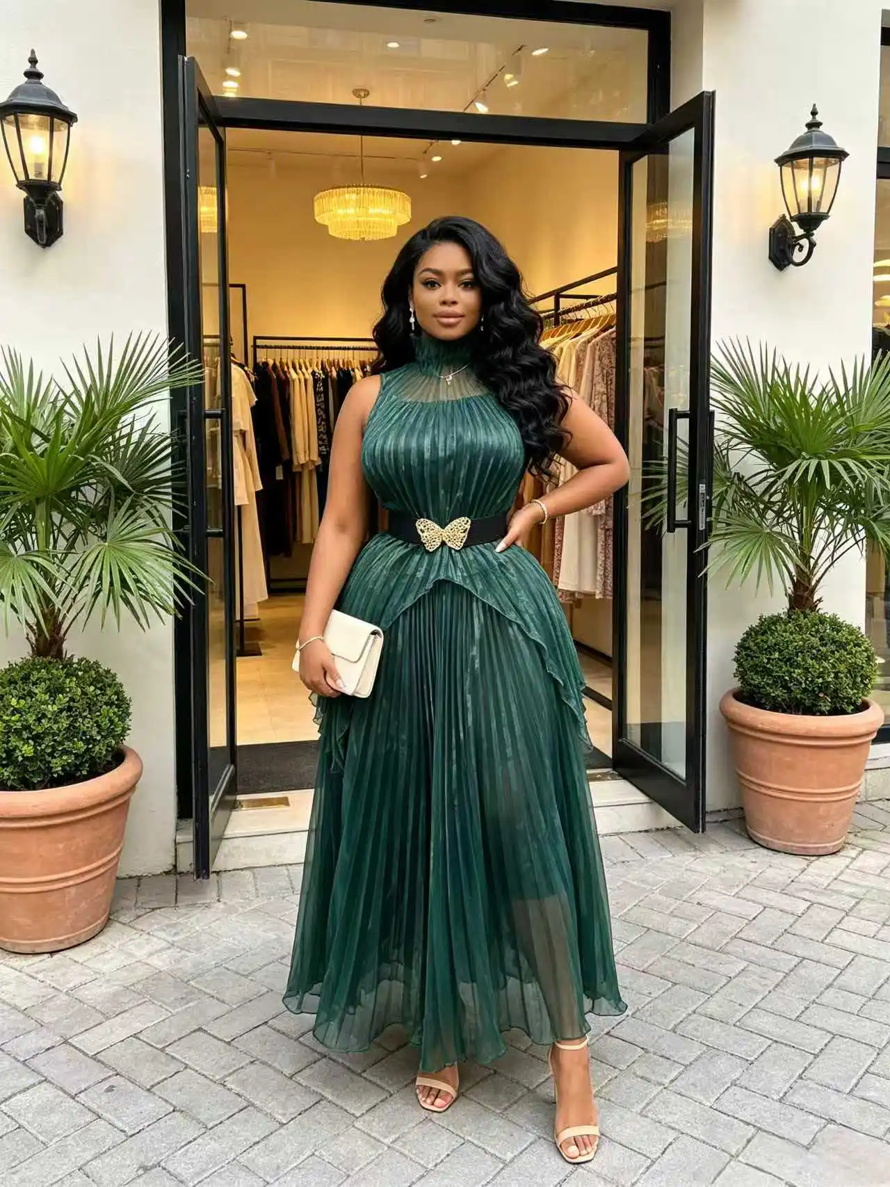 Plus Size Women Two Piece Pleated Skirt Set High Neck Sleeveless Top Midi Dress with Black Gold Butterfly Belt Ladies Elegant Ou