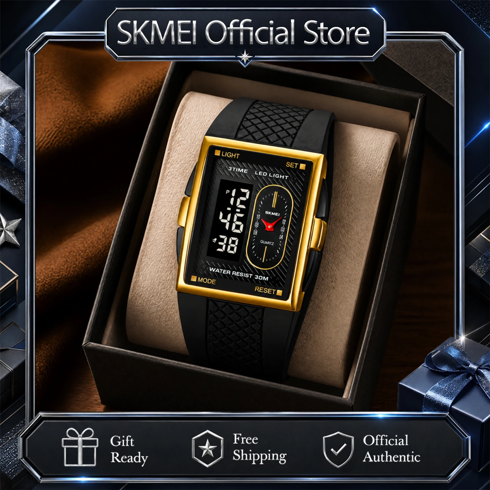 SKMEI 2213 Rectangular Digital Watch 30M Waterproof Men’s Electronic Alarm Wristwatch Watches LED Light 3Time Chrono Date Week