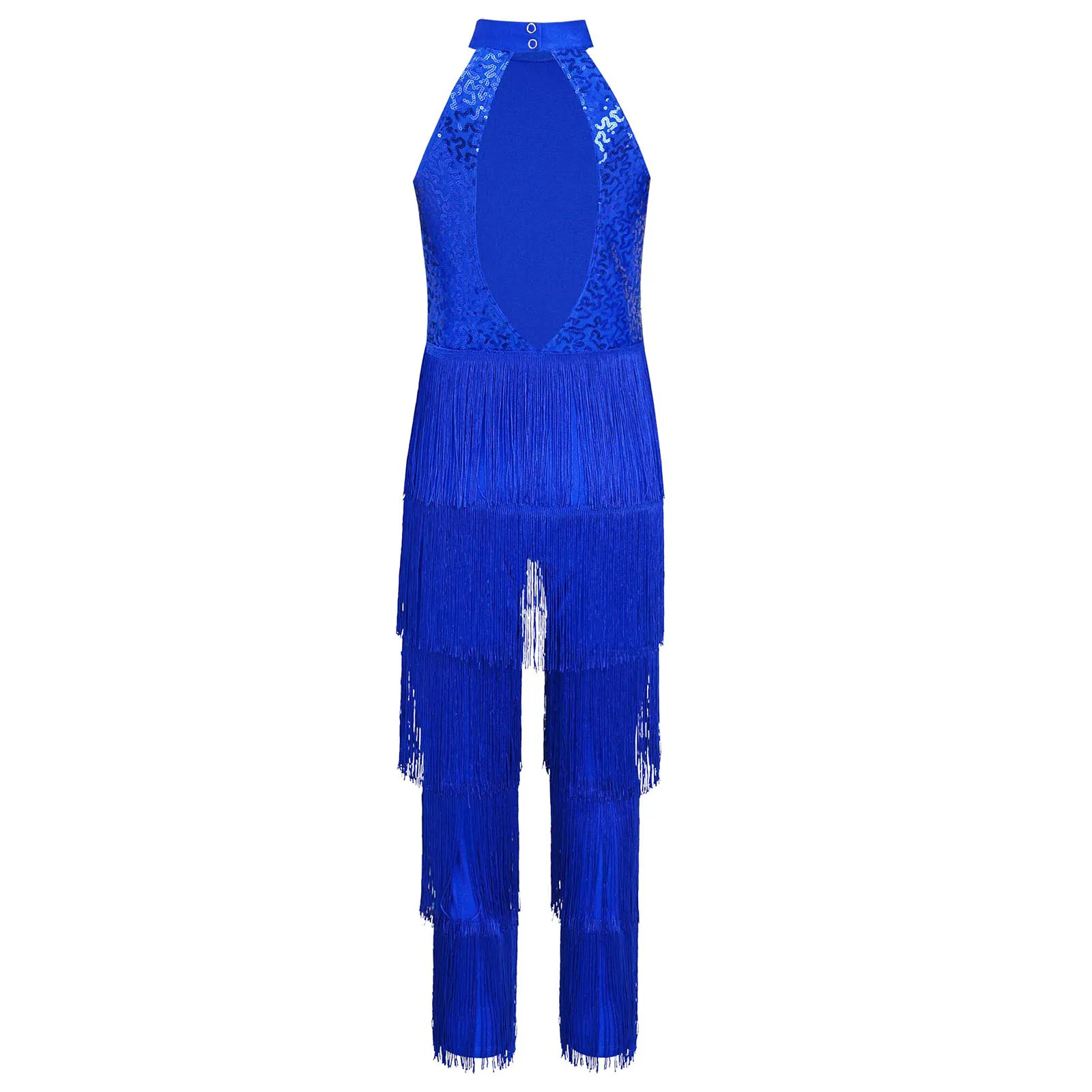Kids Girls Sleeveless Jazz Costume Tassel Rompers Performance Dancewear Fringe Jumpsuit Tango Cha-Cha Samba Dancing Party Dress