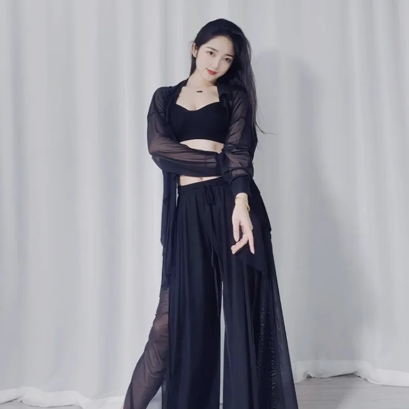 أزياء الرقص الشرقي المخصصة فستان الممارسة 2025 جديد الرقص الحديث شبكة بنطال ذو قصة أرجل واسعة مجموعة أسود