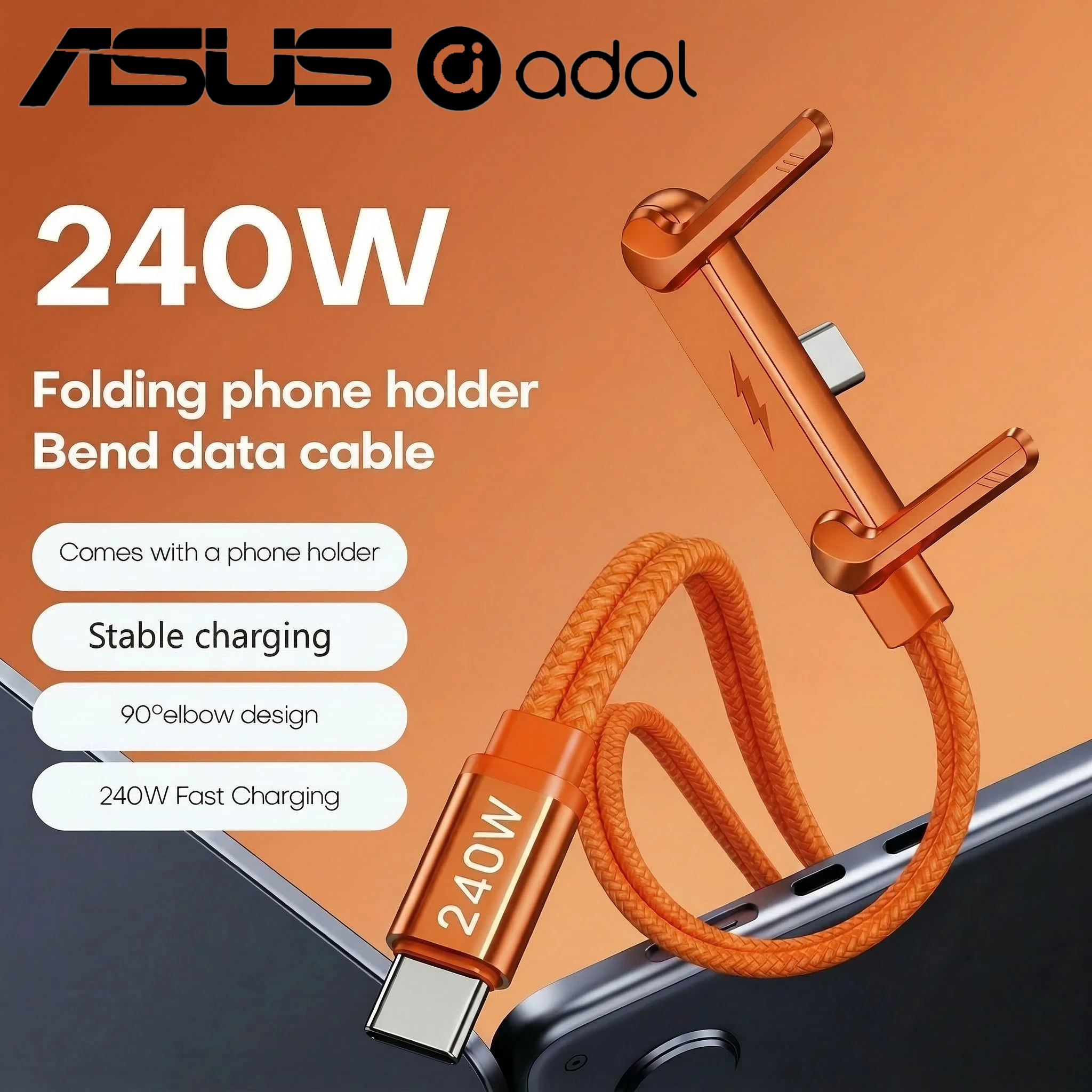 

ASUS Orange 240W PD Fast Charging Cable Dual Type-C Cable Foldable Phone Holder Data Cable for IPhone 17 for Samsung Xiaomi