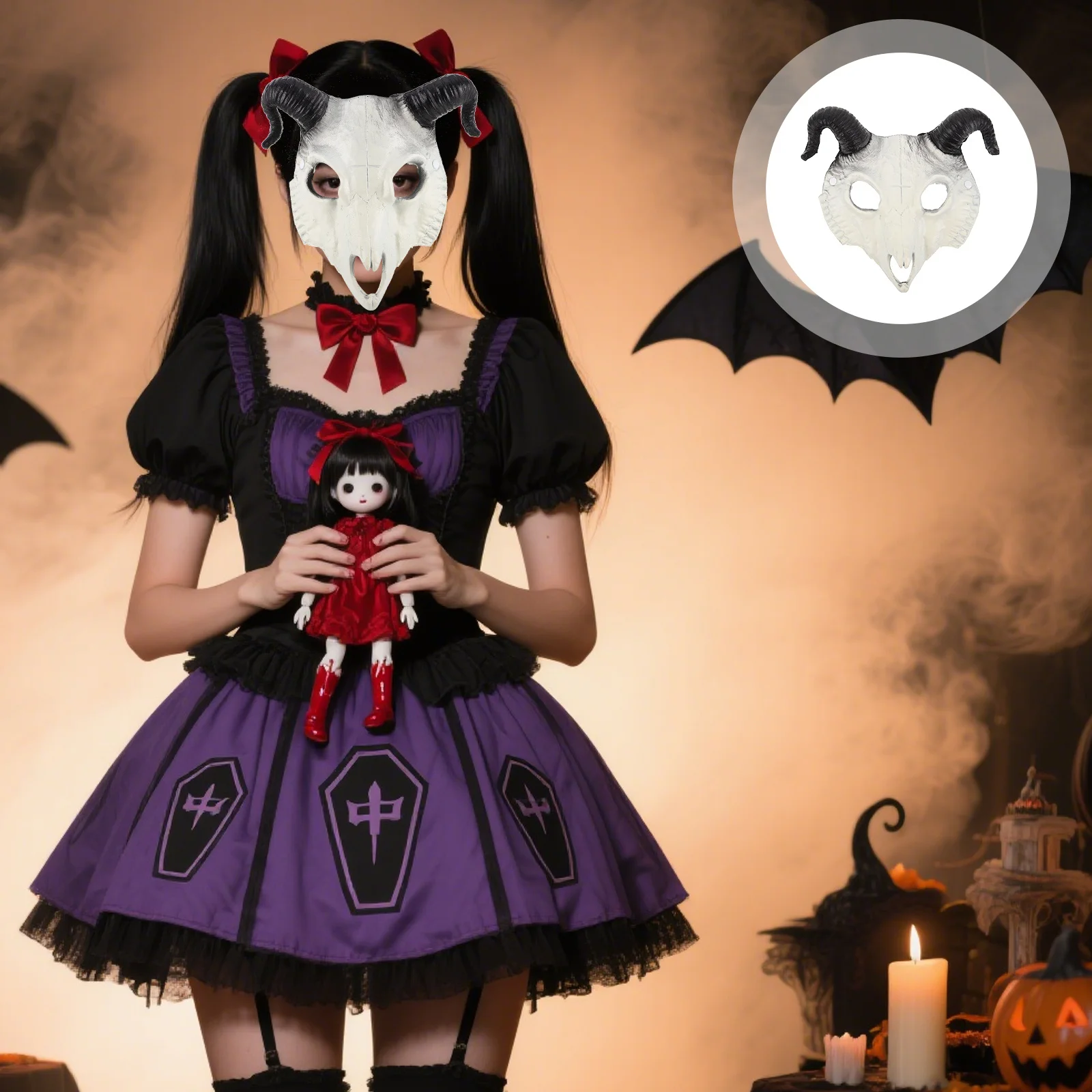 

Realistic Animal Mask Half Face Goat Horn Design For Halloween Costume Cosplay Party Masquerade Decorative Prop White