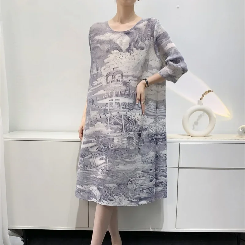 Miyake Pleated Retro Architectural Printed Long Dresses for Women 2024 autumn Round Neck Long Sleeve Elegant Loose Party Dress