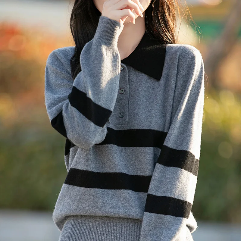 

Basic 100% Merino Wool Fashion Polo Neck Sweater Long Sleeves Pullover Color-Blocking Cashmere Soft Comfortable Clothing Top