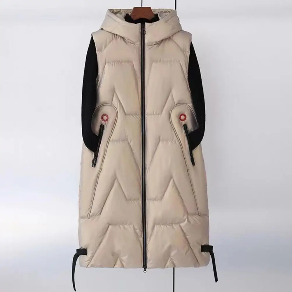 Winter Women Waistcoat Thick Sleeveless Glossy Surface Hooded Coat Mid Length  Zipper Closure Padded Outdoor Coat With Pockets