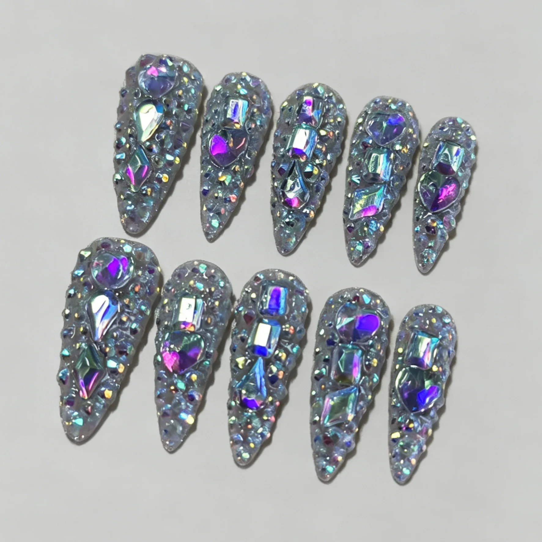10pcs Long Stiletto Clear AB Full Rhinestone Press On Nails, Gift For Women, DIY Nail Art, Fake Nails, Handmade Nail Set