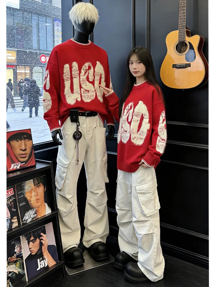 

Красный вязаный свитер мужской зимний модный брендовый высококачественный с круглым вырезом повседневный шерстяной базовый слой с узором по китайскому зодиаку