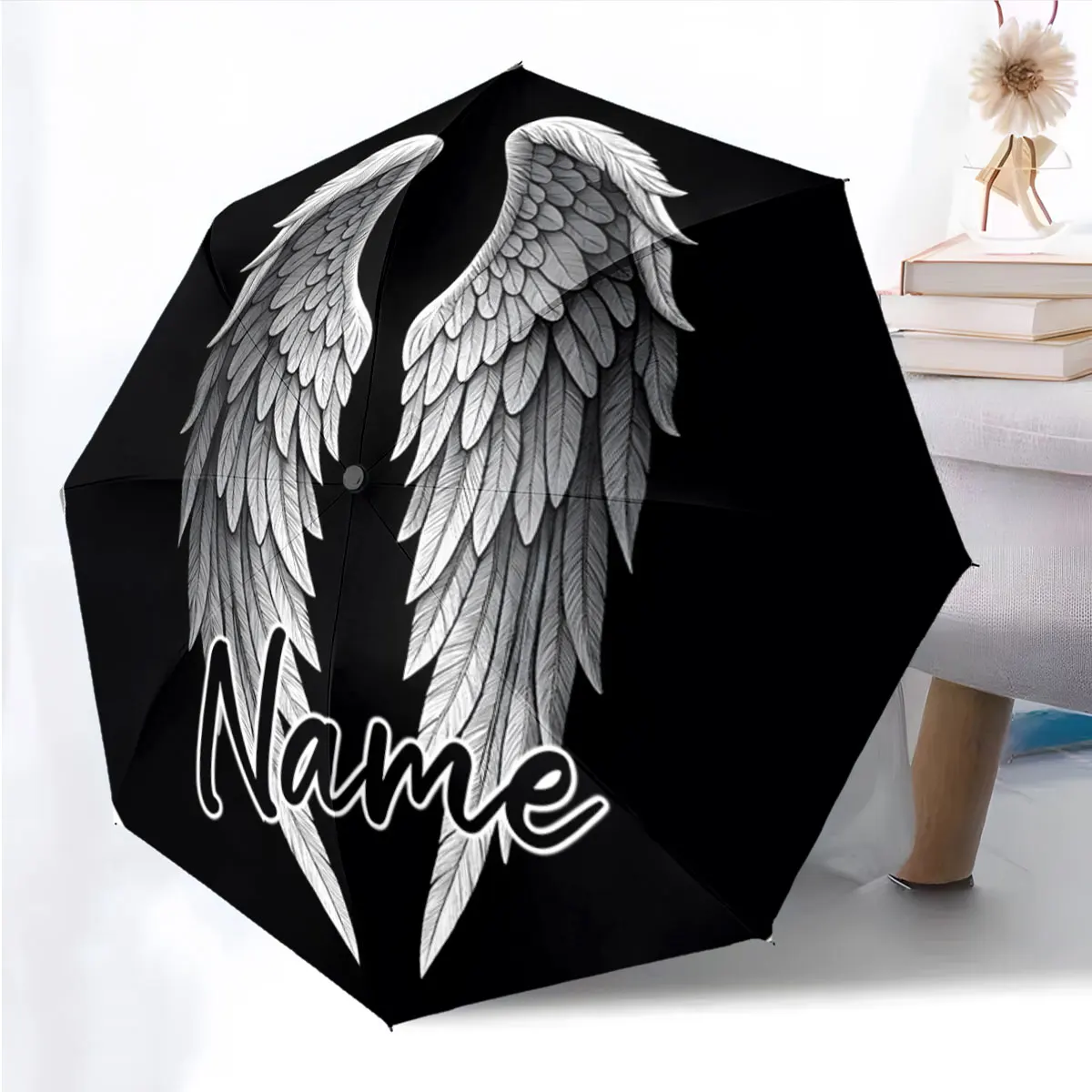 Custom Name Elegant Angel Wing Black Umbrella Design Print 8 Iron Ribs Folding Umbrella Auto-Open Fashion Sunshade