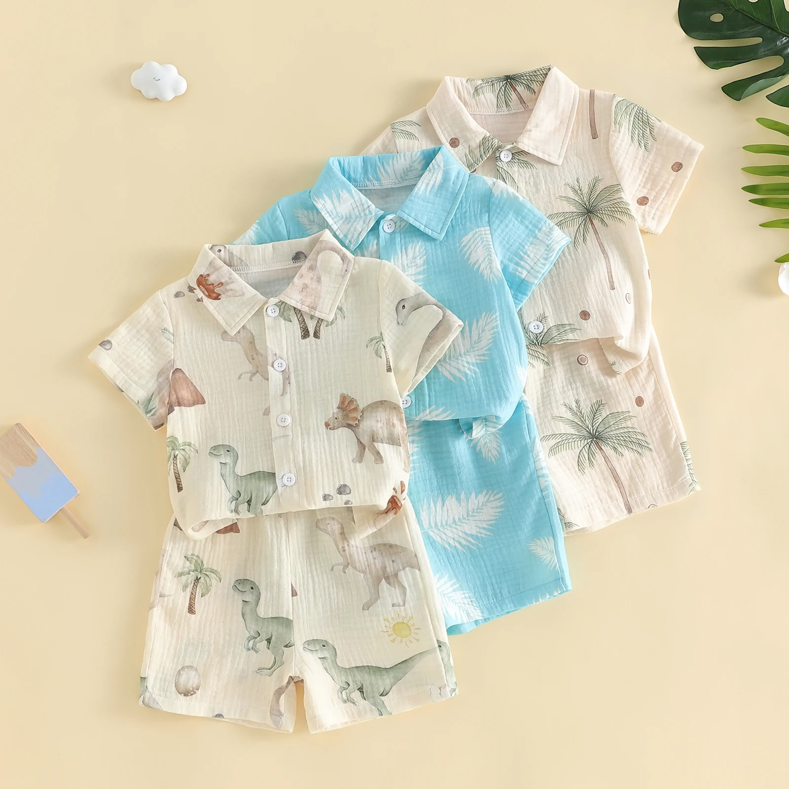Toddler Baby Summer Outfit Dinosaur/Leaf/Coconut Tree Print Button Down Collared Short Sleeve Shirt and Shorts 2 Pcs Set