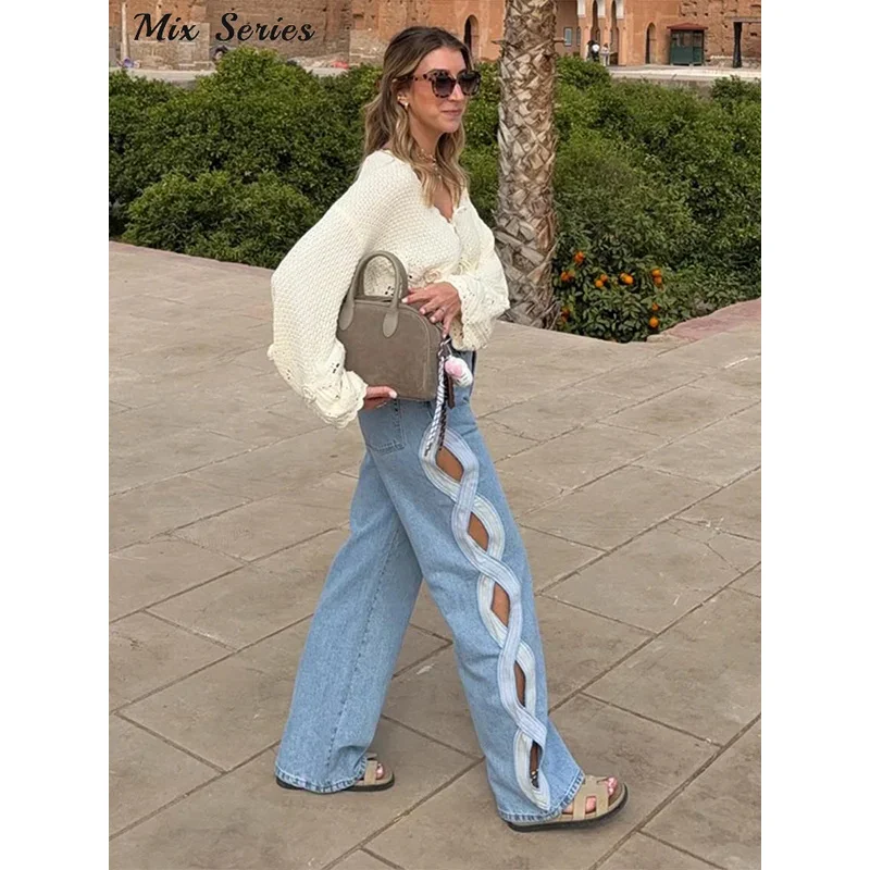 

Женские модные джинсы с вырезами по бокам, с высокой талией, прямого кроя, летние, новинка 2026, трендовые, повседневные, в уличном стиле