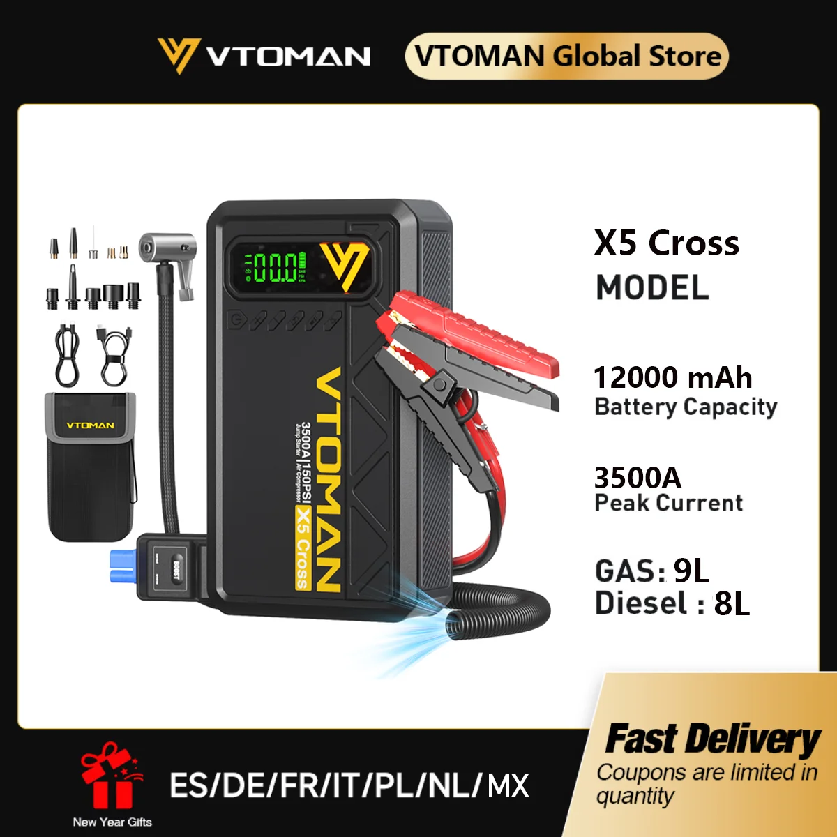 VTOMAN X5 Cross 5-in-1 Auto-Starthilfe 3500A Tragbare Autobatterie-Starthilfegerät mit Eingebautem 150PSI Luftkompressor Powerbank LED-Notlicht für Benzin- und Dieselautos