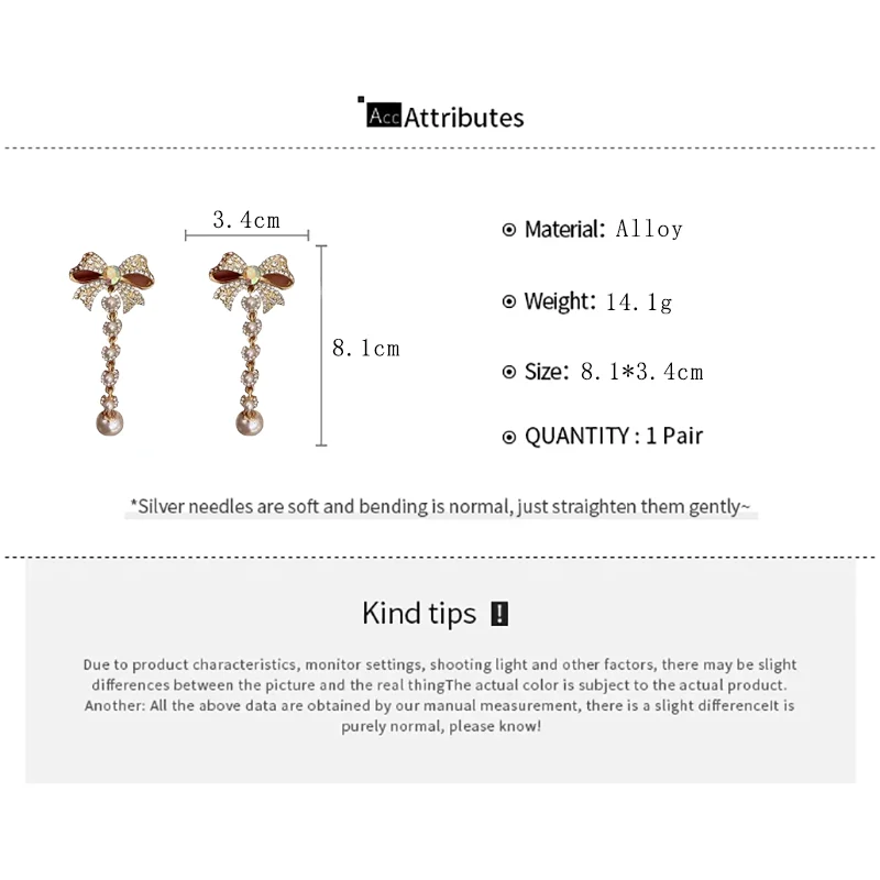 الذهب اللون أنيقة حجر الراين Bowknot إسقاط أقراط للنساء موضة شرابة طويلة تقليد اللؤلؤ Pendientes سبيكة مجوهرات هدايا #6