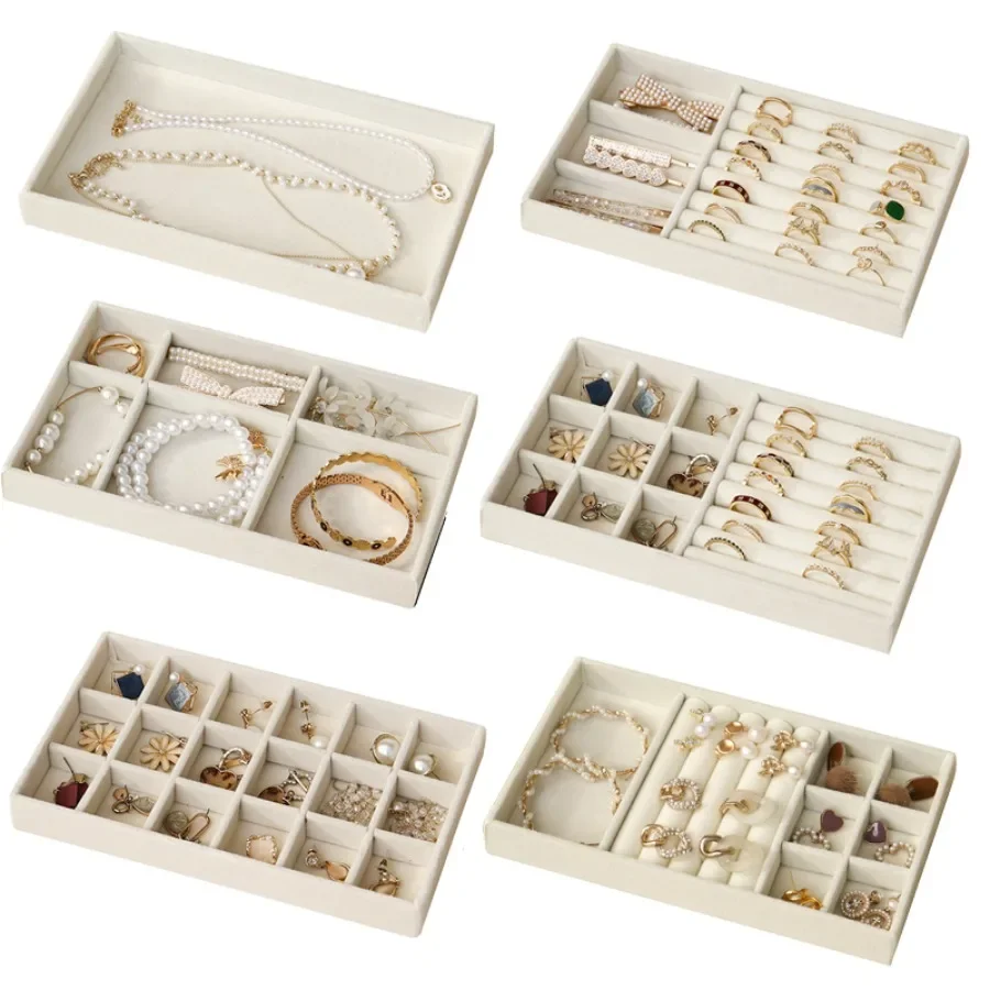 Bandeja de terciopelo para joyería, cajón de almacenamiento, pequeñas cajas y embalaje de joyería Beige apilables, adecuadas para anillos, pendientes, simples y prácticas