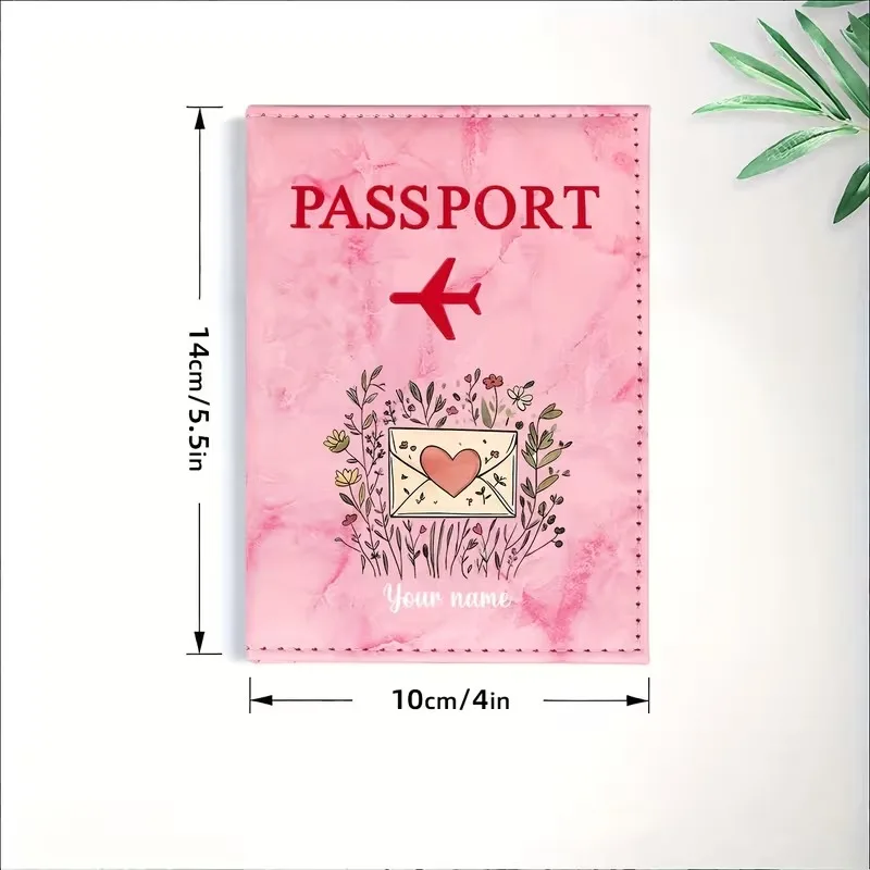 Personalized Custom Name Wildflower Heart Envelope Illustration PU Passport Holder, Featuring a Warm-Toned Heart-Shaped Envelope