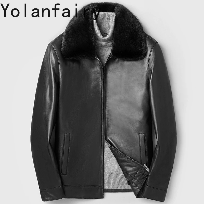 

YOLANFAIRY Real Sheepskin Genuine Leather Jacket Men Detachable Rabbit Fur Liner Coat Mink Fur Collar Warm Down Coats Winter