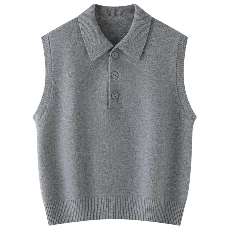 Black Polo Neck Half-Buckled Sleeveless Knitted Vest 100% Merino Wool Women's Retro Layering Fashion Shoulder Bared Sweater