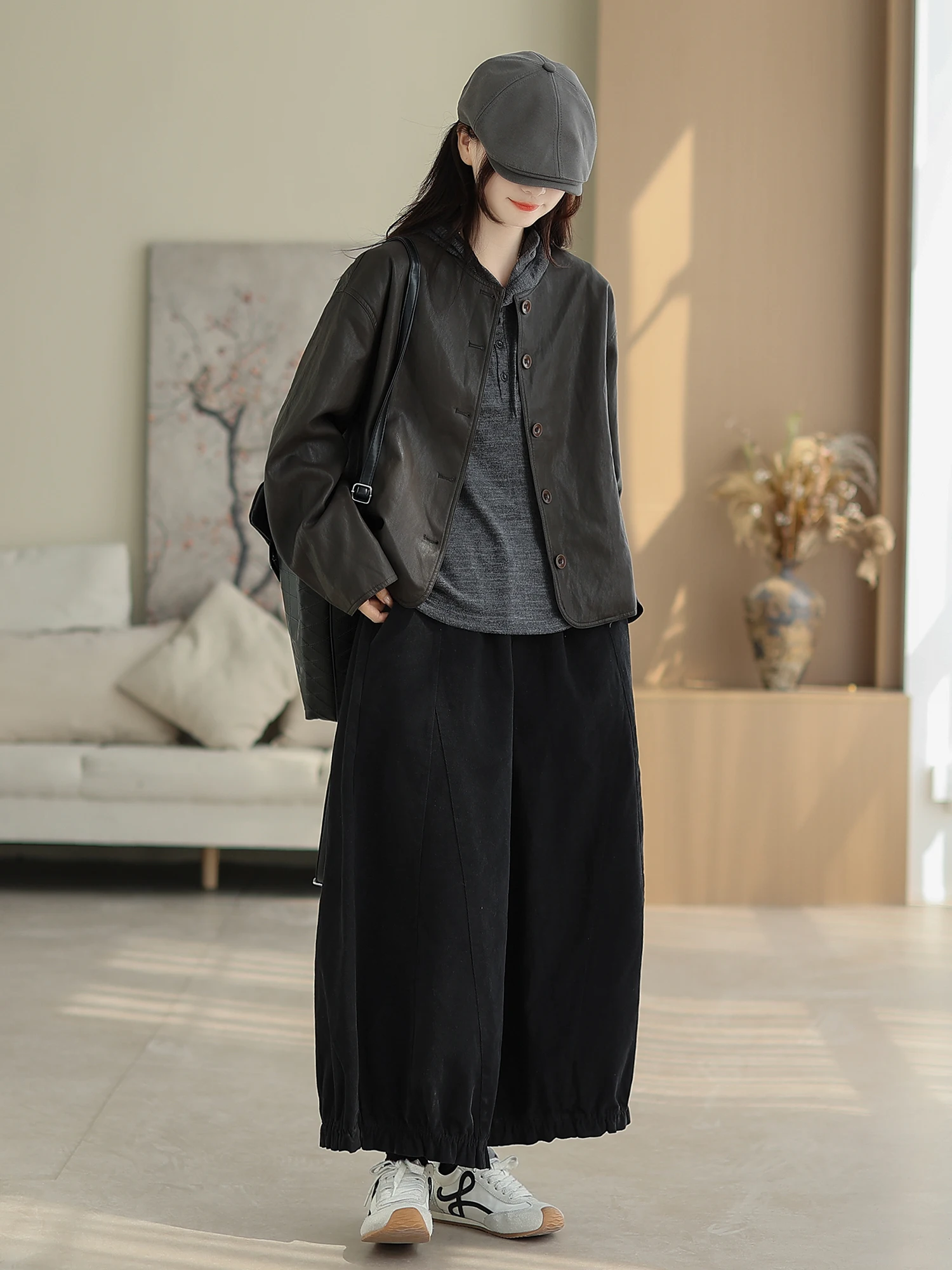 Cyu 秋のファッション PU レザーコート ラウンドネック スリミング レディース トップス カジュアル スタイル ルーズフィット 長袖 コットンブレンド