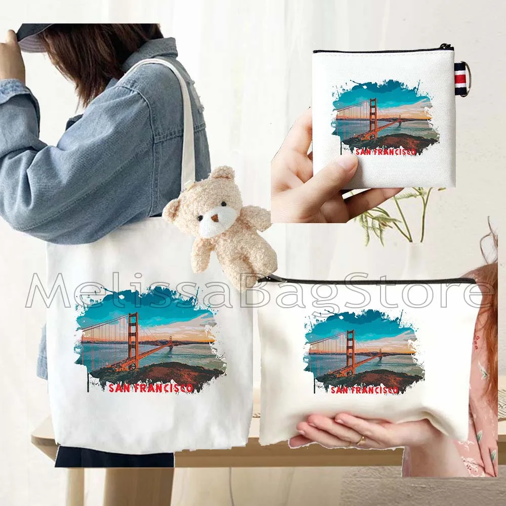 4PCS Gifts Set San Francisco White Canvas Tote Bag Handbag with Doll Key Coin Purse Cosmetic Makeup Toilet Bag Case Pouch
