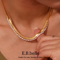 E.B.belle Latest Chain AAA Cubic Zirconia Herringbone Chain Choker Necklace Stainless Steel Gold Plated Necklaces For Women