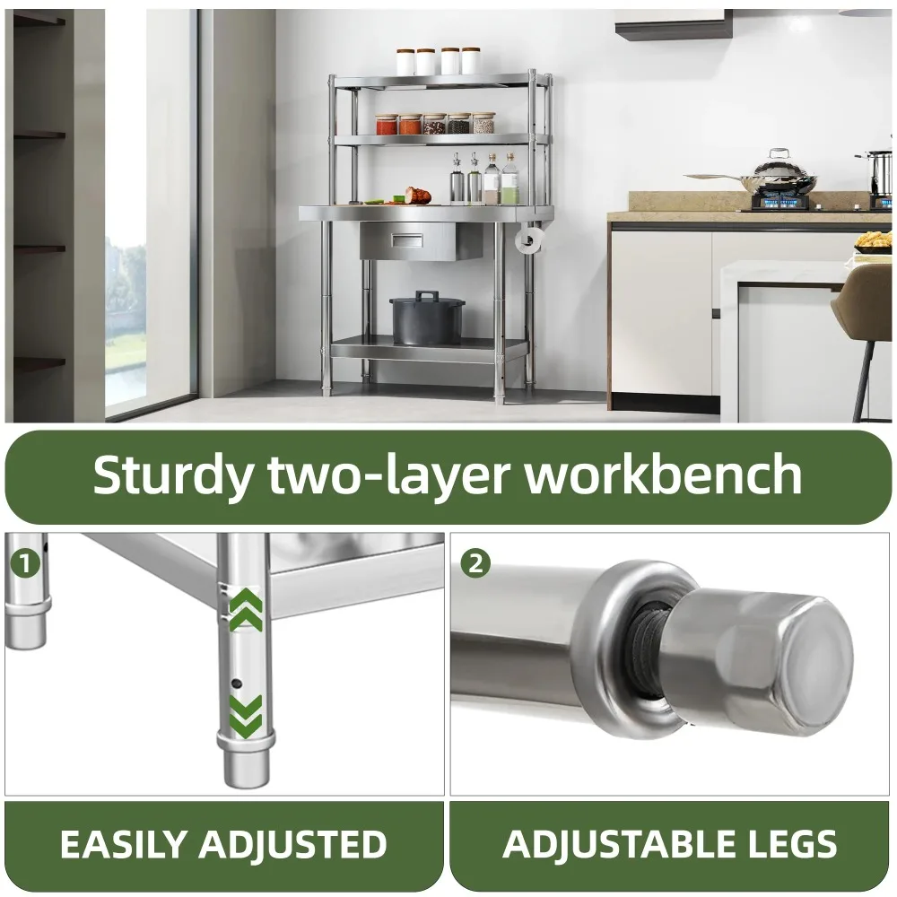 NSF Stainless Steel Table with Adjustable Height, Storage Rack, Towel Hanging Bar, Overshelves, Drawer