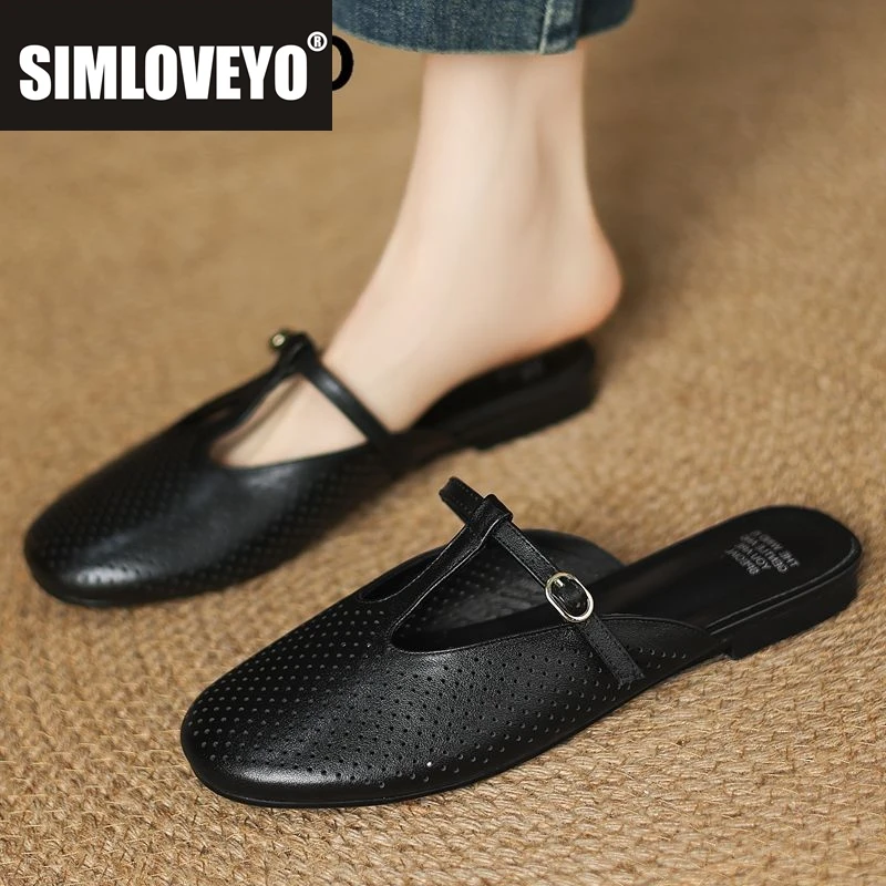 

SIMLOVEYO 2025 Genuine Leather Women Sandals Round Toe Flats Slip On Mules Belt Buckle Breathable Soft Leisure Daily Lady Shoes