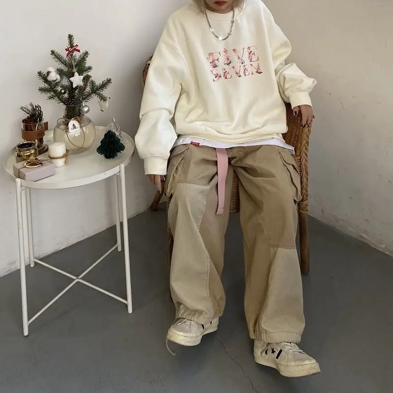 Men Work Pants Patchwork Wide-legged Trouser Harajuku  Casual Pants for Man Adult Clothing Pocket Drawstring Straight Leg