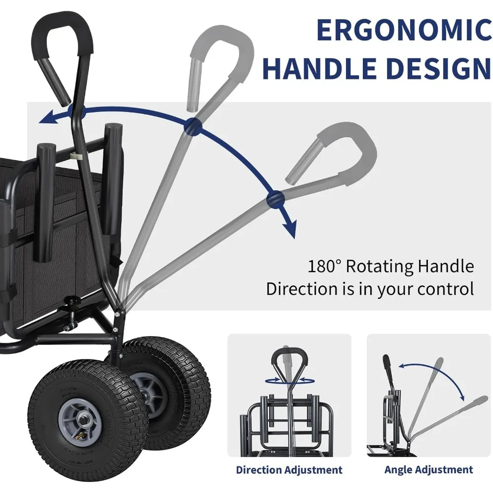 عربة شاطئ قابلة للطي لجميع التضاريس مع عجلات مقاس 11 بوصة للرمل، عربة حديقة شديدة التحمل مع حامل صنارة الصيد، مثالية للخارج