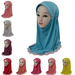 Muslim Girls Kids Amira Hijab Pull On Islamic Scarf Shawls Beautiful Lace Head Cover Bonnet Headscarf for 2 to 6 years old Girls