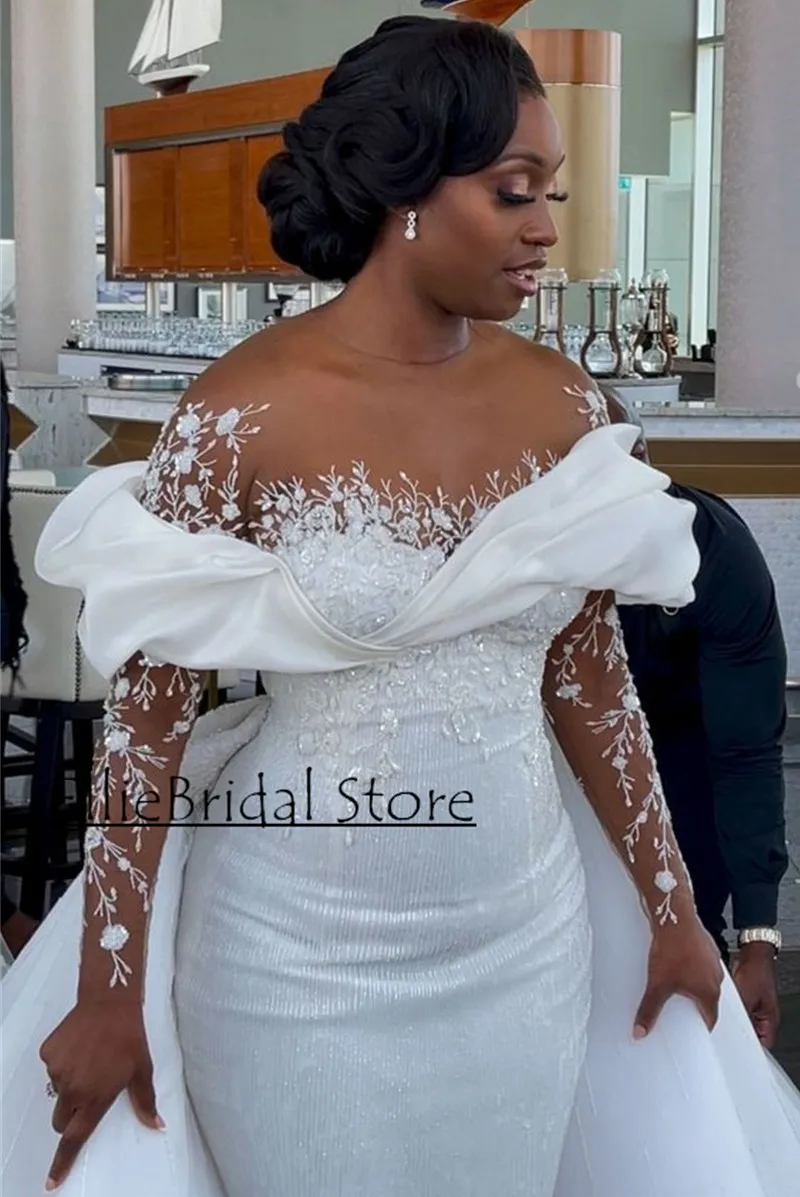 Vestidos de casamento africanos para noivas sheer mangas compridas apliques lantejoulas sereia vestidos de noiva com trem destacável personalizado