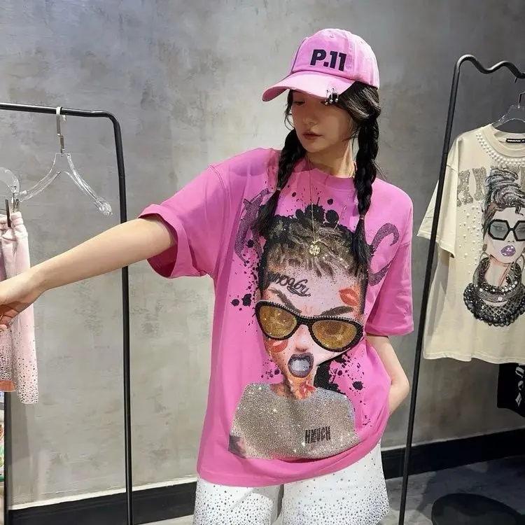 Fashion New Spring Summer Pink Short Sleeve T-shirt Women All-match Round Neck Pullover Top Luxury Hot Diamonds Cotton T Shirts