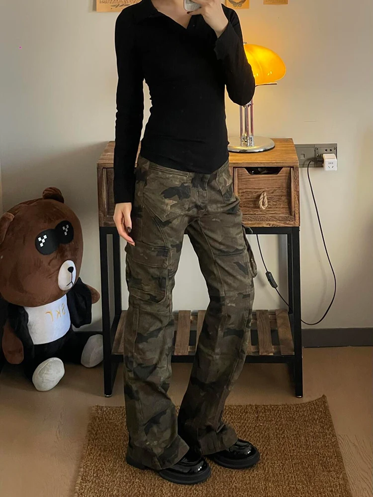 Pantalon en jean de travail américain à taille basse pour femme, coupe slim, camouflage, leggings droits, automne-hiver, petite taille, évasé...