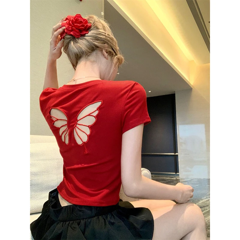 

Red Butterfly Hollow Out T Shirt Women Summer Chic Sexy Short Sleeve Tops Korean Fashion Harajuku All Match Slim Tee Female Tees