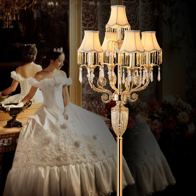 European Style Large Parlor Crystal Floor Light For Villa Hall Foyer Led Candlestick Cloth Lampshade E14 Wedding Gold Floor Lamp