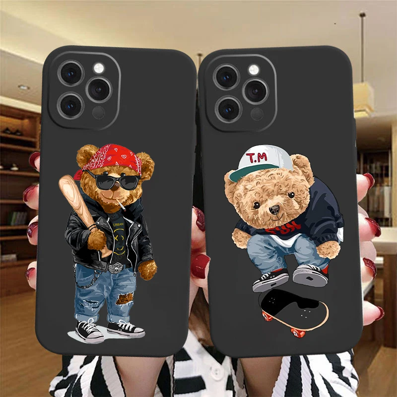 Fashion Brand Bear Phone Case For iPhone 16 Pro 11 12 13 14 15 Pro Max XR XS Max 16Plus Cute Black frosted Cover Trend Fundas