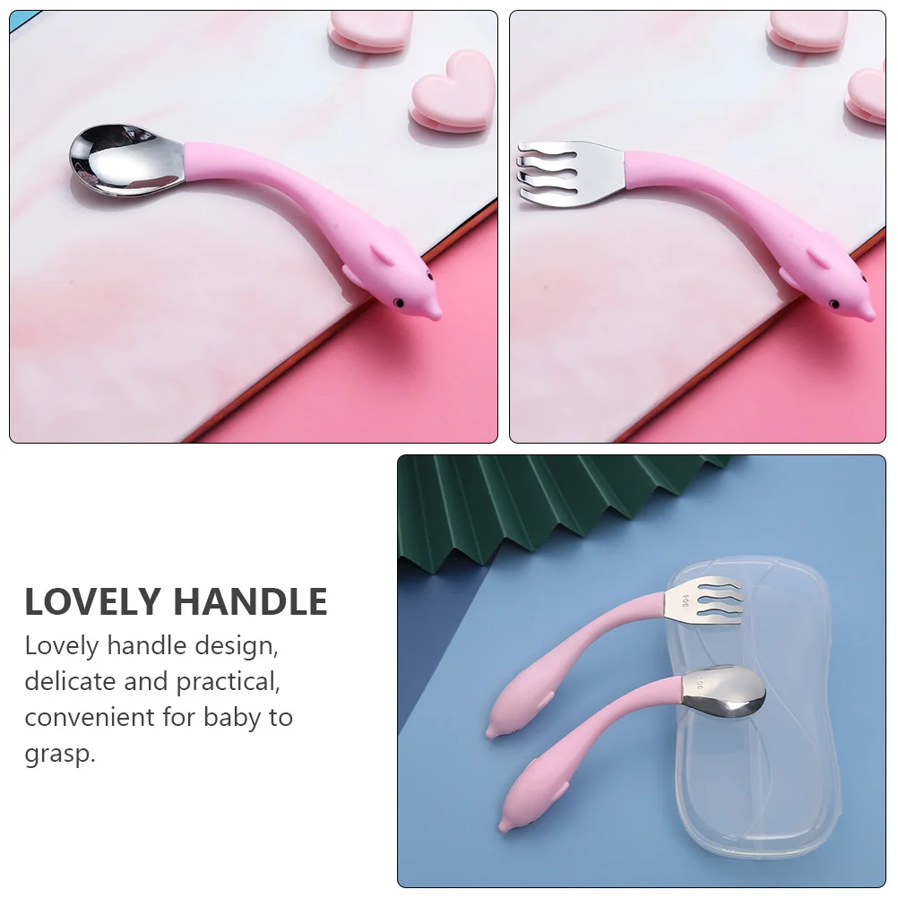 

2pcs Children'S Tableware Set Stainless Steel Spoon Fork Pp Material Safe Dolphin Design Toddler Eating Practice Tools