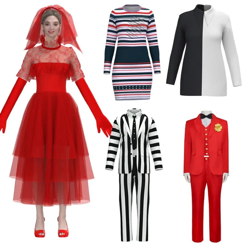 Disfraz de armmage de escarabajo para Halloween, vestido de novia rojo, traje a rayas blancas y negras, traje rojo, falda a rayas de jugo